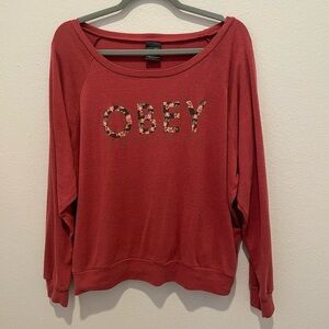 Obey Women's Long Sleeve Pullover in Dusty Rose with Floral Logo